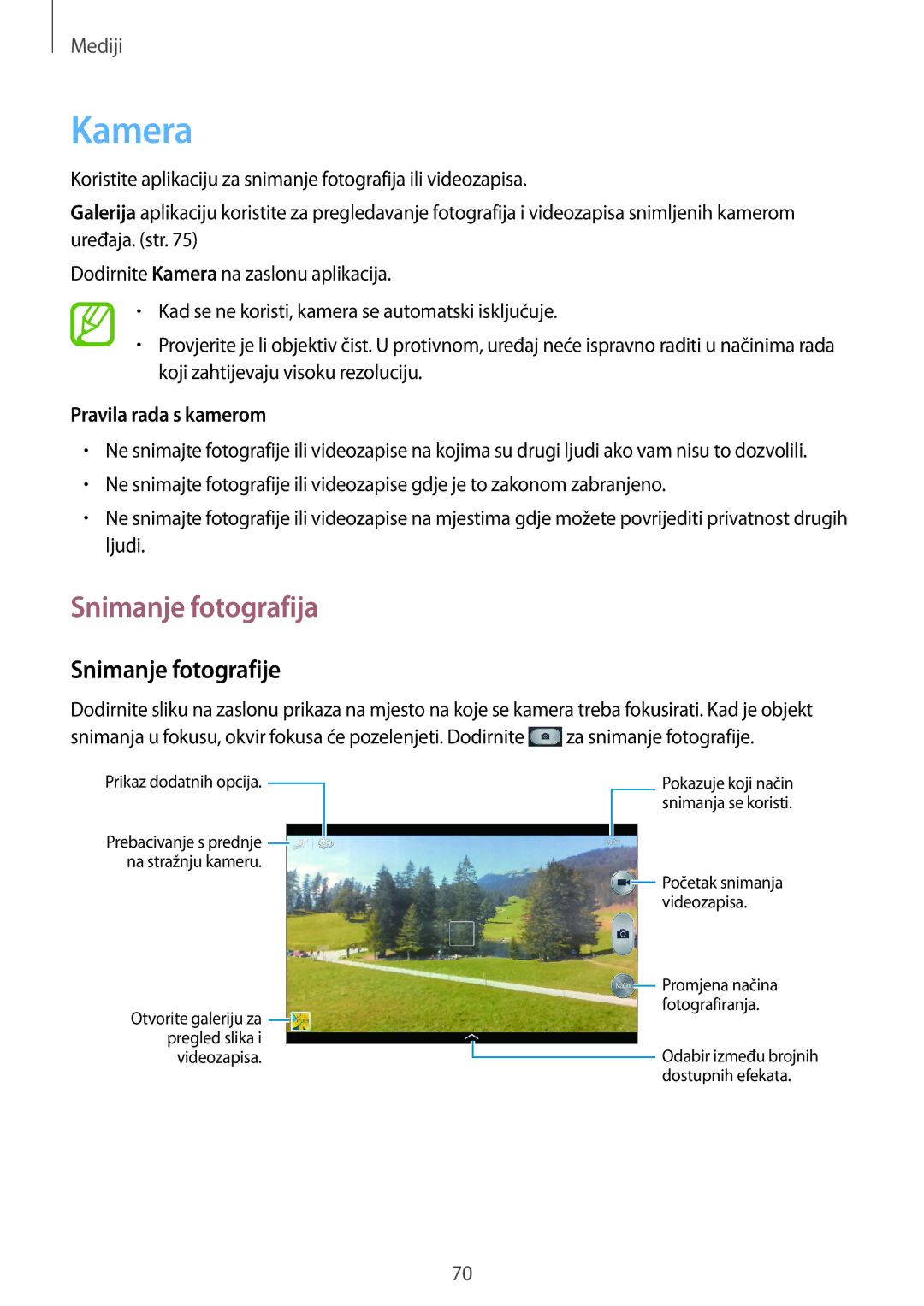Samsung SM-T3150ZWACRO, SM-T3150MKACRO manual Kamera, Snimanje fotografija, Snimanje fotografije, Pravila rada s kamerom 