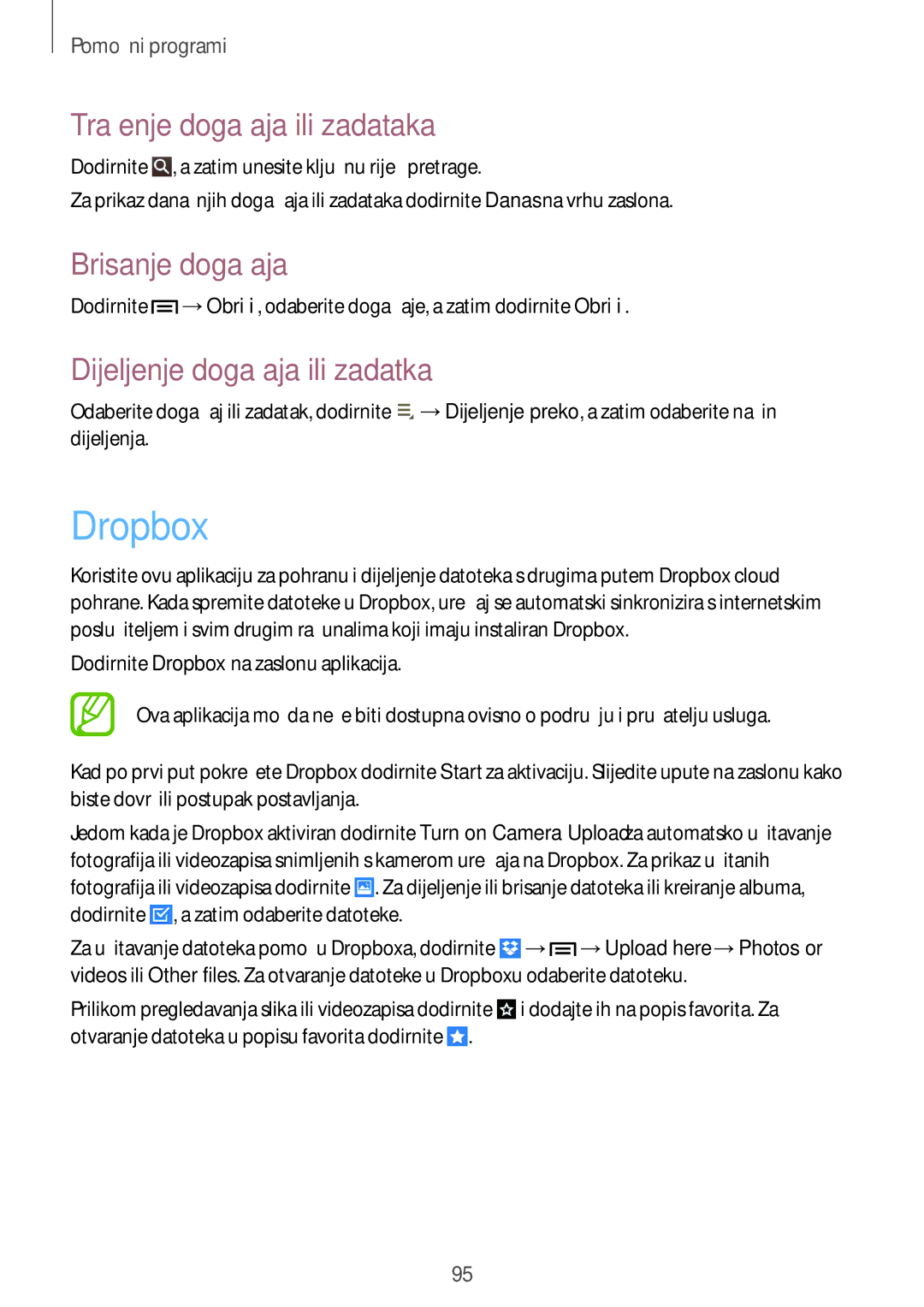 Samsung SM-T3150MKACRO manual Dropbox, Traženje događaja ili zadataka, Brisanje događaja, Dijeljenje događaja ili zadatka 