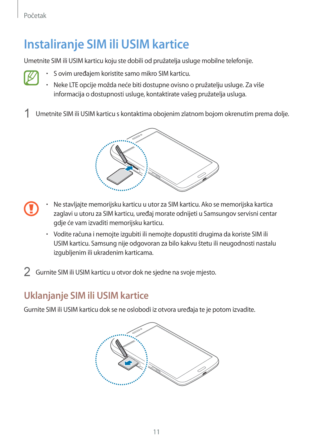 Samsung SM-T3150MKACRO, SM-T3150ZWACRO manual Instaliranje SIM ili Usim kartice, Uklanjanje SIM ili Usim kartice 