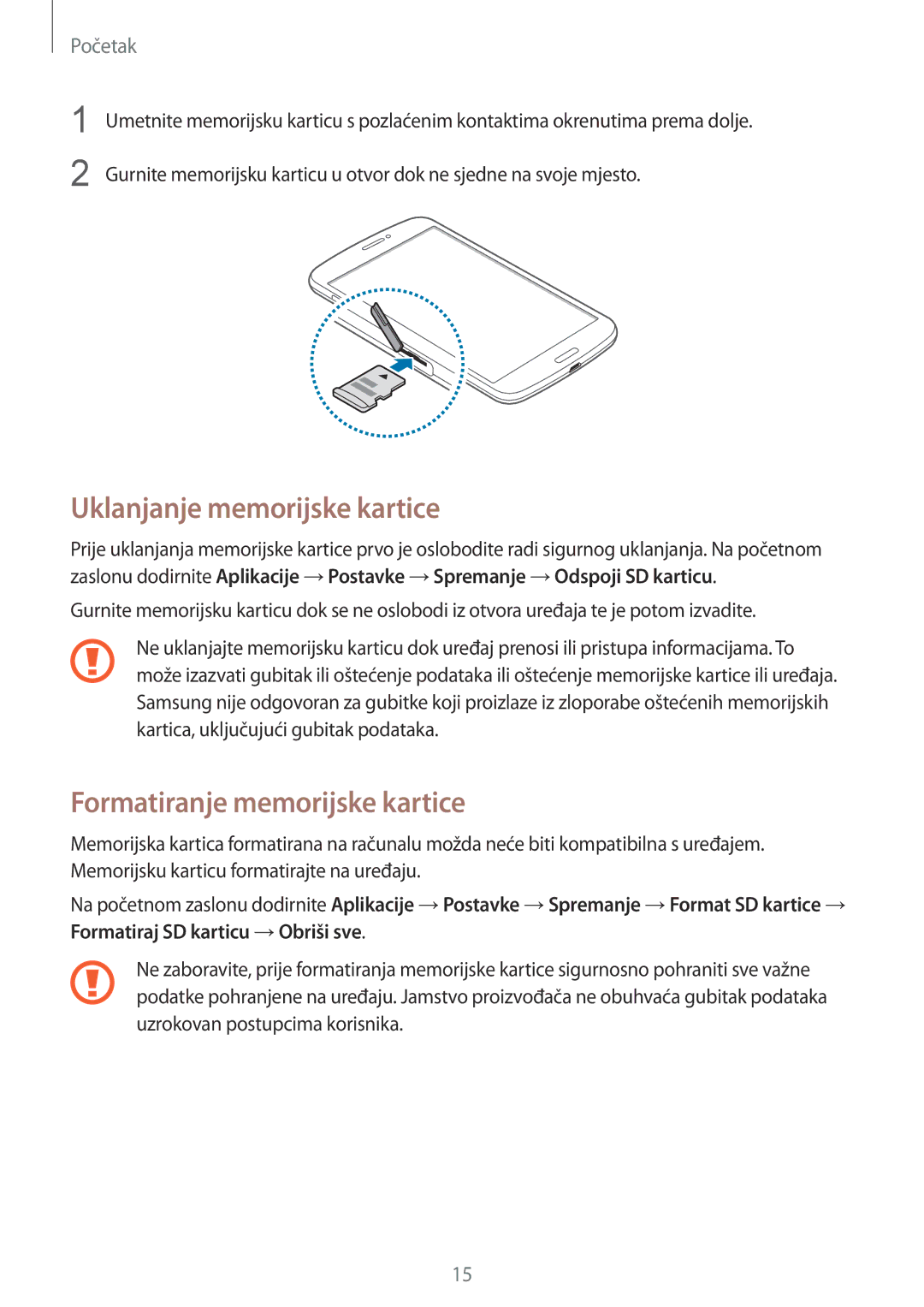 Samsung SM-T3150MKACRO, SM-T3150ZWACRO manual Uklanjanje memorijske kartice, Formatiranje memorijske kartice 