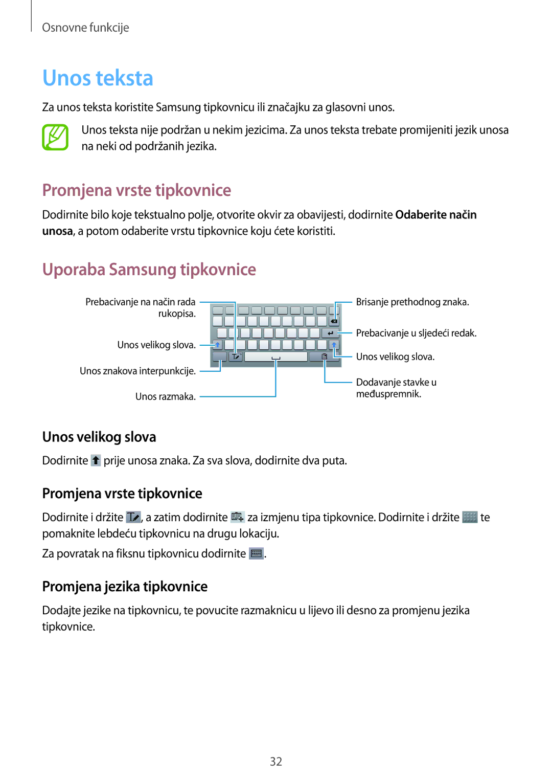 Samsung SM-T3150ZWACRO, SM-T3150MKACRO manual Unos teksta, Promjena vrste tipkovnice, Uporaba Samsung tipkovnice 
