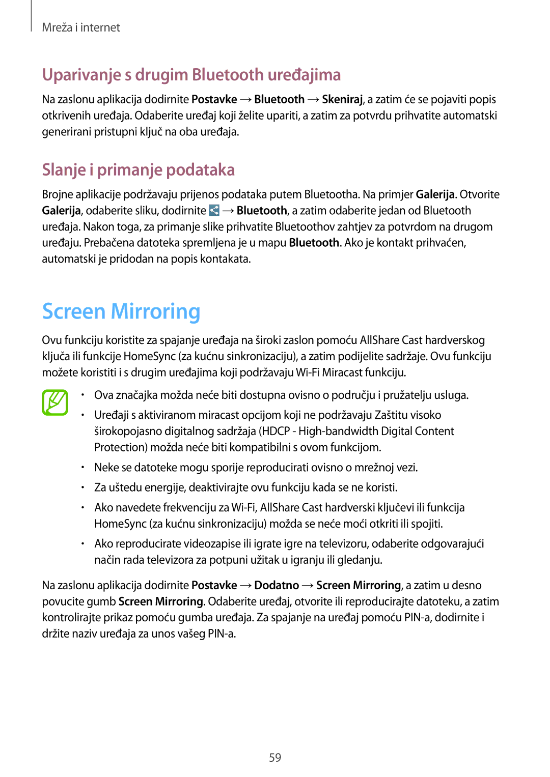 Samsung SM-T3150MKACRO manual Screen Mirroring, Uparivanje s drugim Bluetooth uređajima, Slanje i primanje podataka 