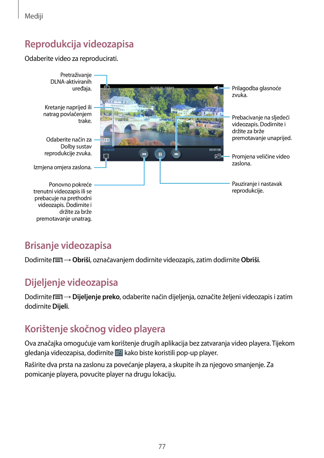 Samsung SM-T3150MKACRO, SM-T3150ZWACRO manual Brisanje videozapisa, Dijeljenje videozapisa, Korištenje skočnog video playera 