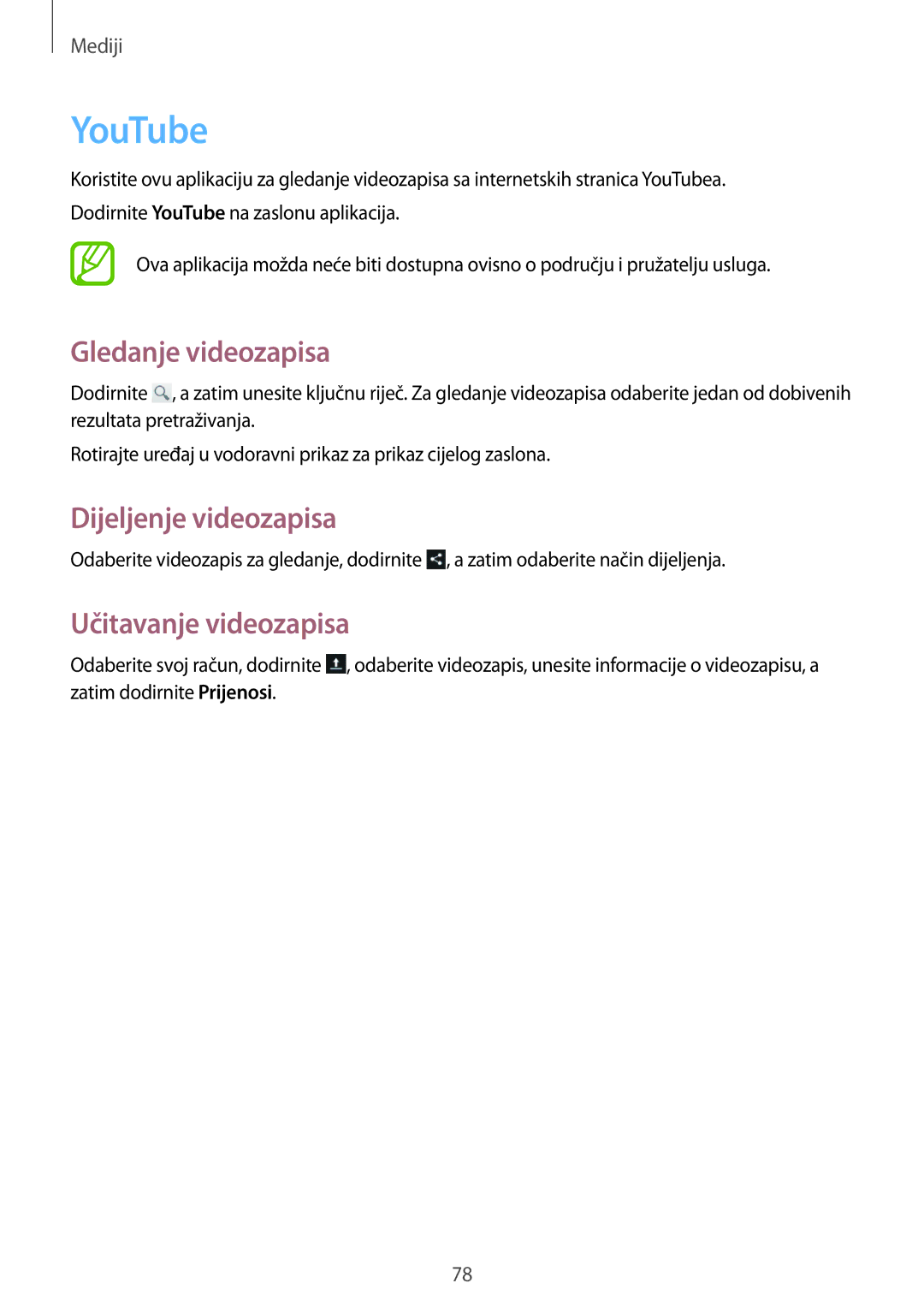 Samsung SM-T3150ZWACRO, SM-T3150MKACRO manual YouTube, Gledanje videozapisa, Učitavanje videozapisa 