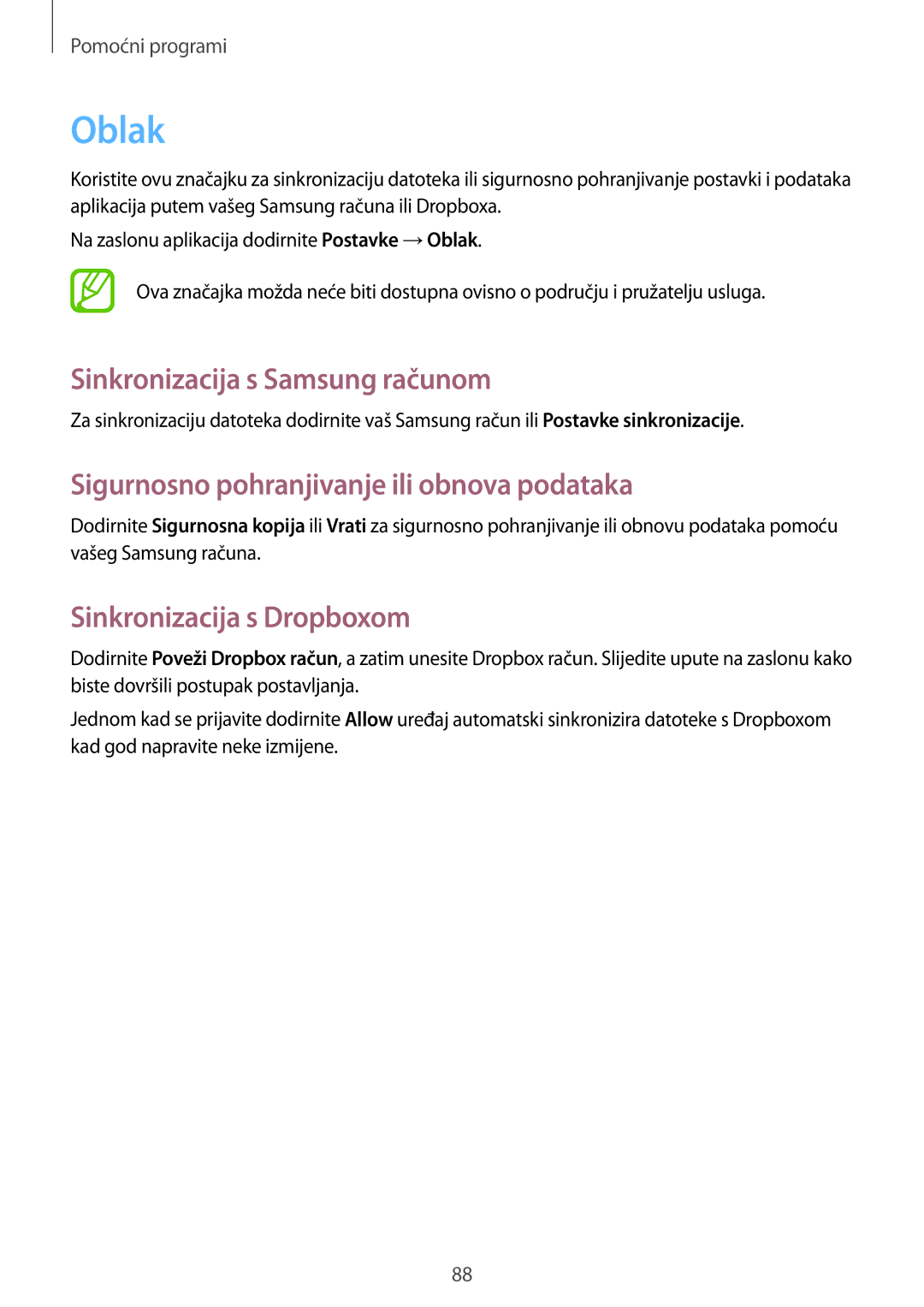 Samsung SM-T3150ZWACRO manual Oblak, Sinkronizacija s Samsung računom, Sigurnosno pohranjivanje ili obnova podataka 