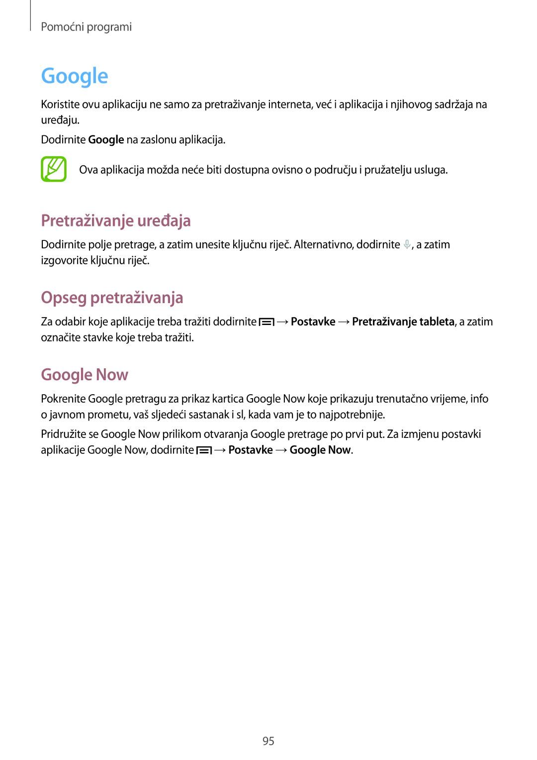 Samsung SM-T3150MKACRO, SM-T3150ZWACRO manual Pretraživanje uređaja, Opseg pretraživanja, Google Now 