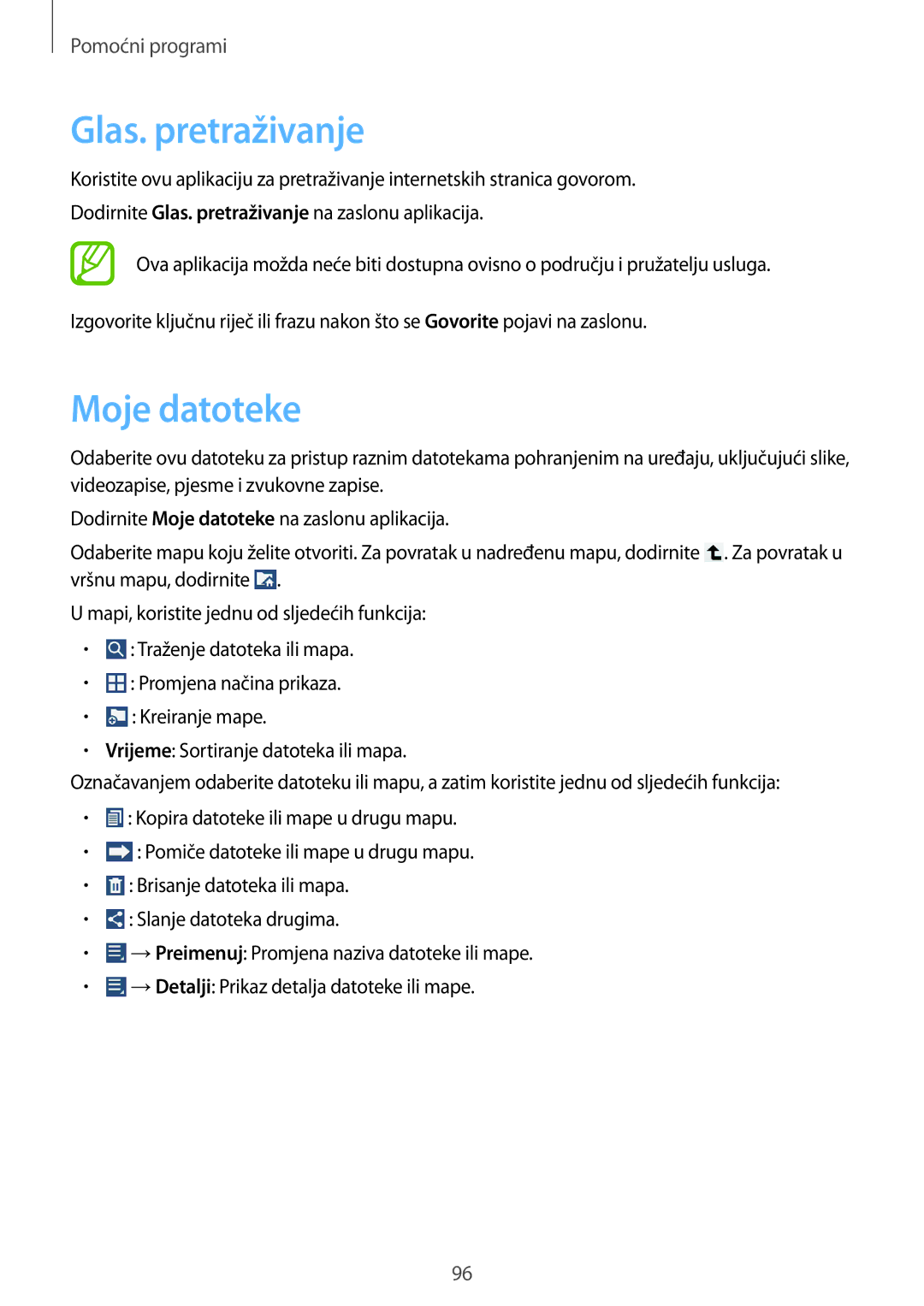 Samsung SM-T3150ZWACRO, SM-T3150MKACRO manual Glas. pretraživanje, Moje datoteke 