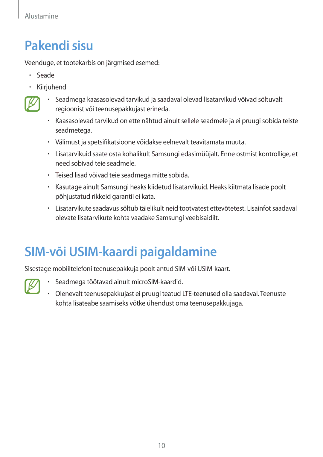 Samsung SM-T3150ZWASEB manual Pakendi sisu, SIM-või USIM-kaardi paigaldamine 