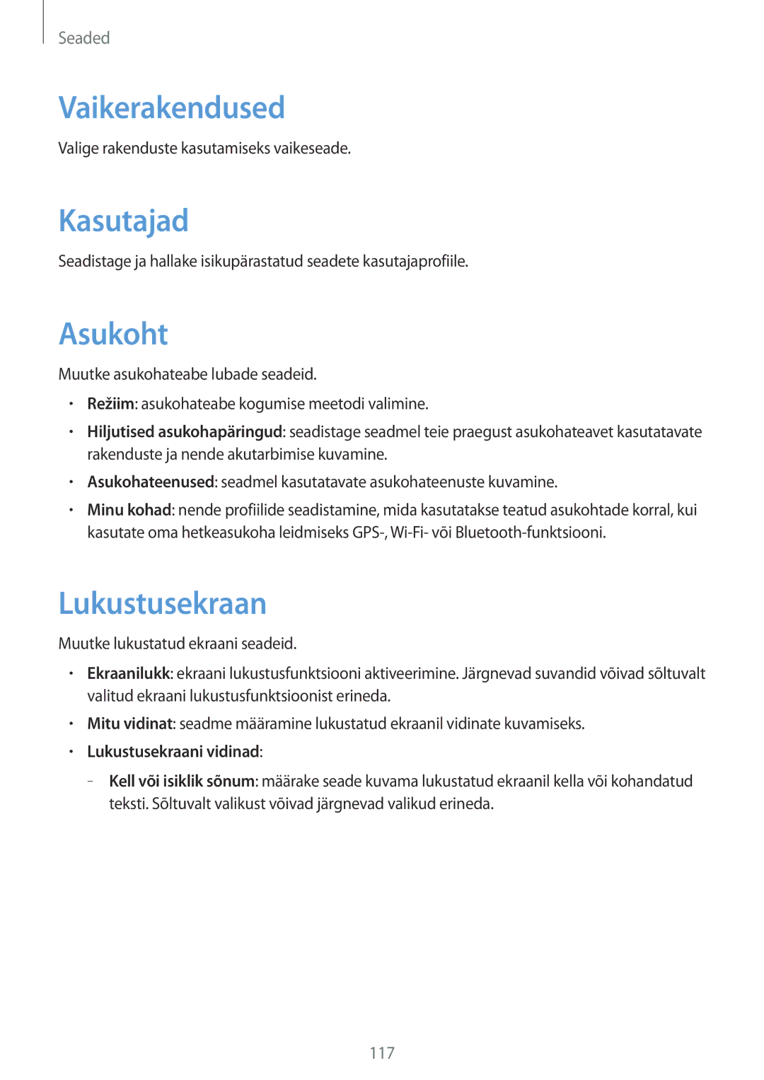 Samsung SM-T3150ZWASEB manual Vaikerakendused, Kasutajad, Asukoht, Lukustusekraani vidinad 