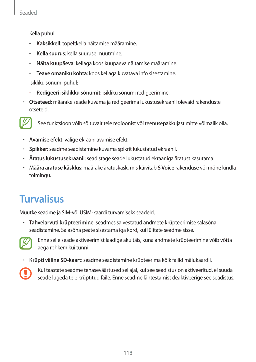 Samsung SM-T3150ZWASEB manual Turvalisus, Muutke seadme ja SIM-või USIM-kaardi turvamiseks seadeid 