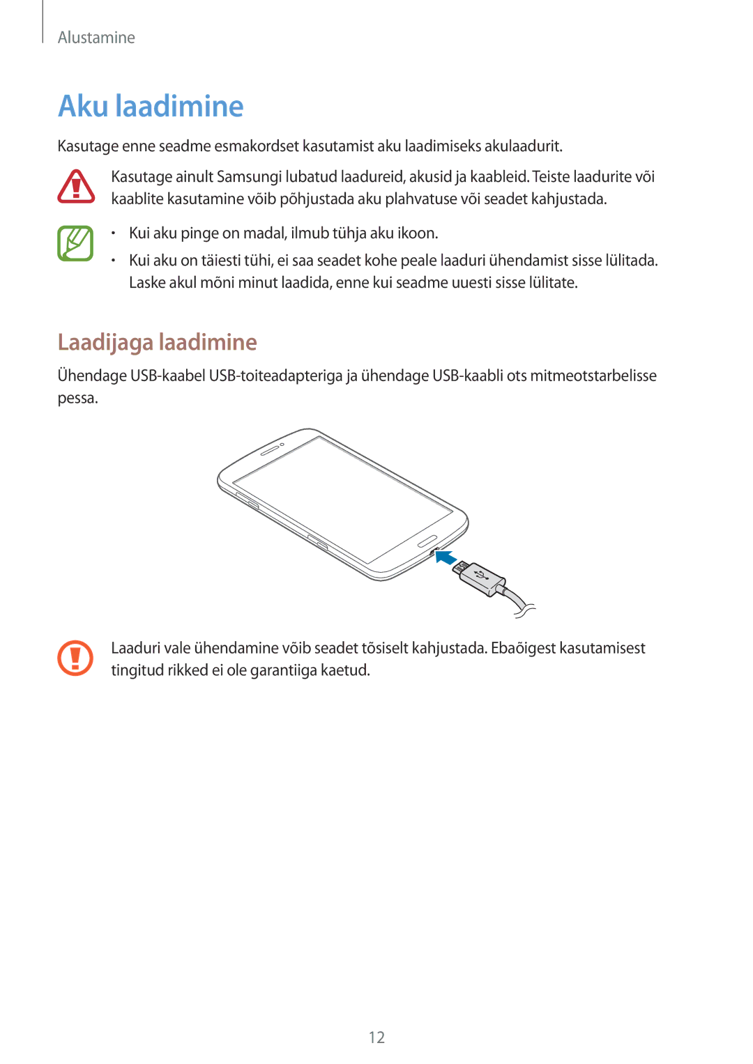 Samsung SM-T3150ZWASEB manual Aku laadimine, Laadijaga laadimine 