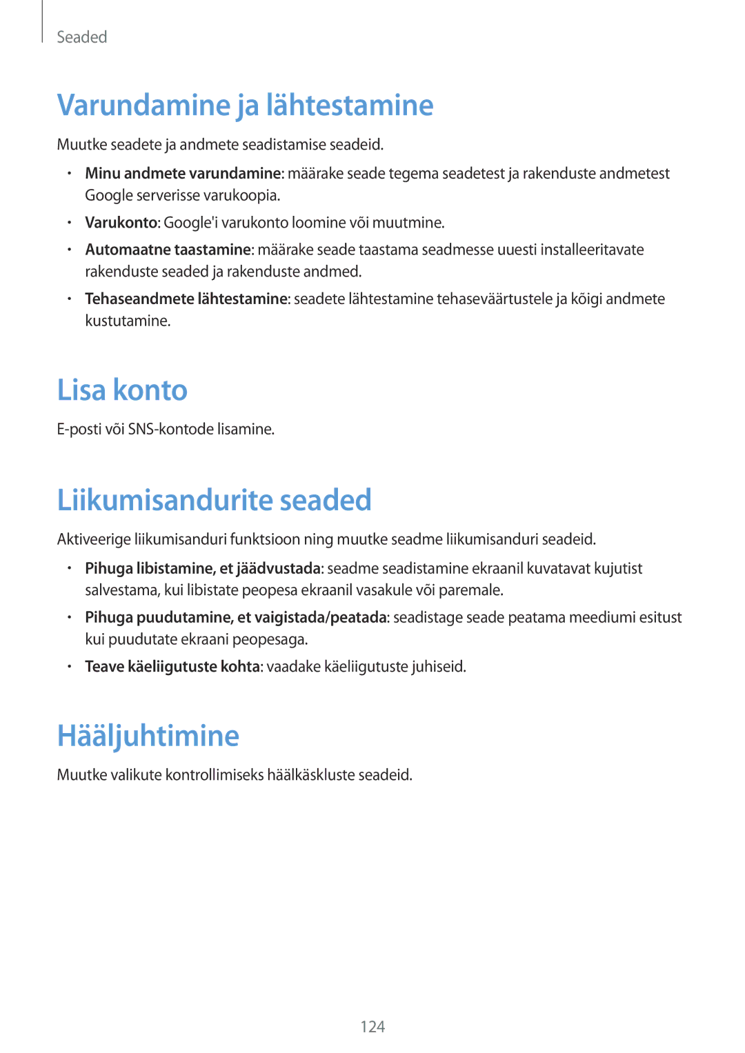 Samsung SM-T3150ZWASEB manual Varundamine ja lähtestamine, Lisa konto, Liikumisandurite seaded, Hääljuhtimine 