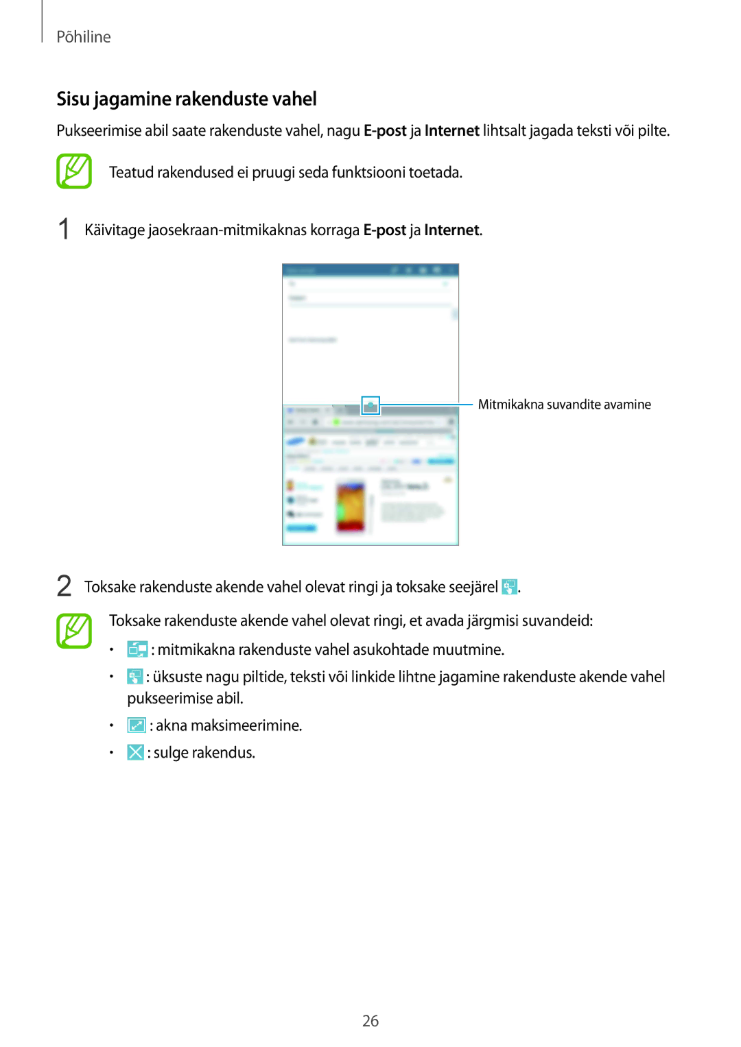 Samsung SM-T3150ZWASEB manual Sisu jagamine rakenduste vahel 