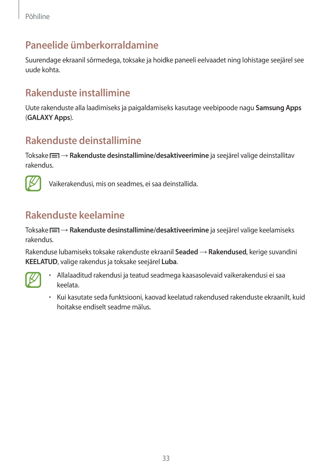 Samsung SM-T3150ZWASEB manual Rakenduste installimine, Rakenduste deinstallimine, Rakenduste keelamine 