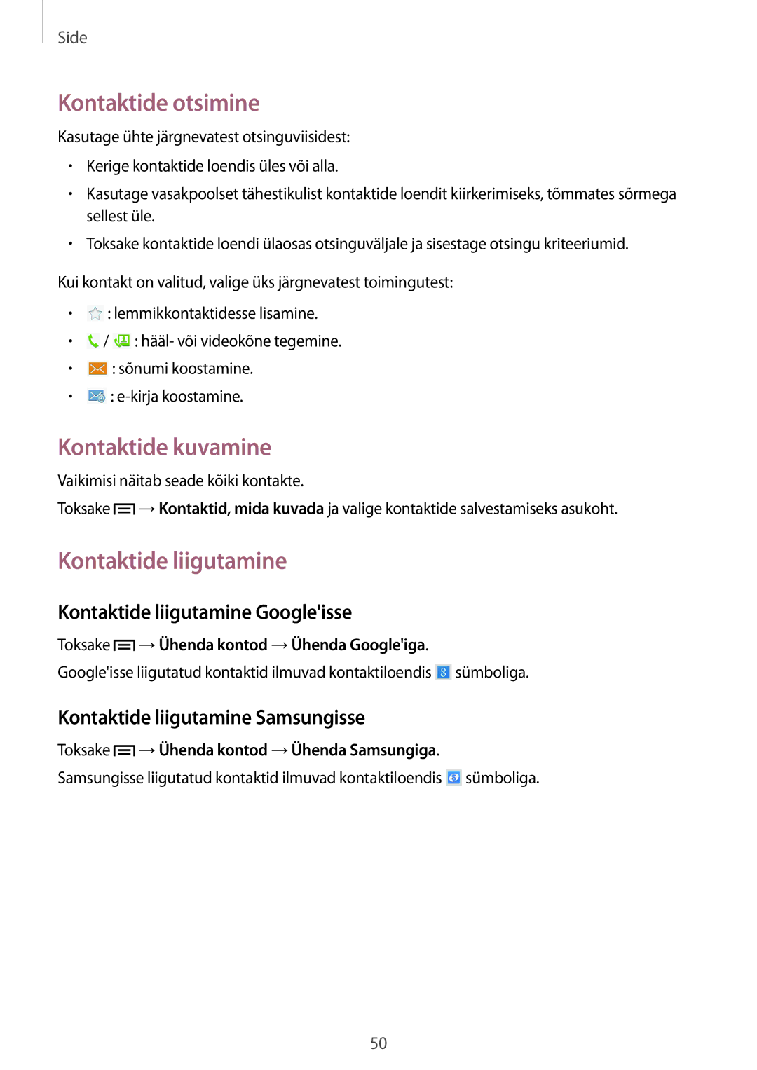 Samsung SM-T3150ZWASEB manual Kontaktide otsimine, Kontaktide kuvamine, Kontaktide liigutamine Googleisse 