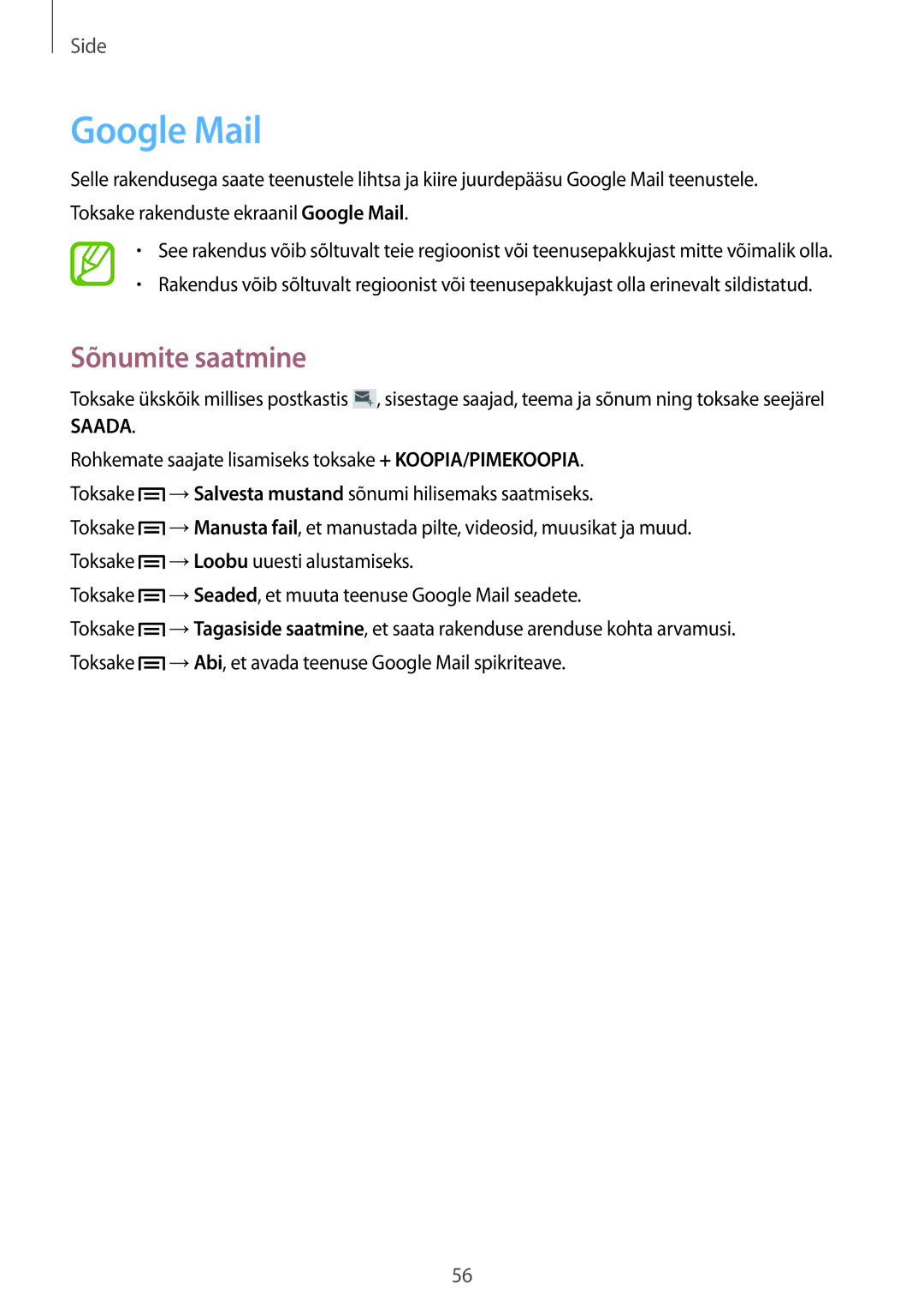 Samsung SM-T3150ZWASEB manual Google Mail, Saada 