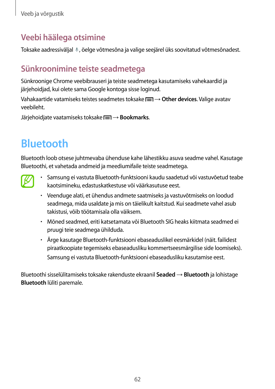 Samsung SM-T3150ZWASEB manual Bluetooth, Sünkroonimine teiste seadmetega 