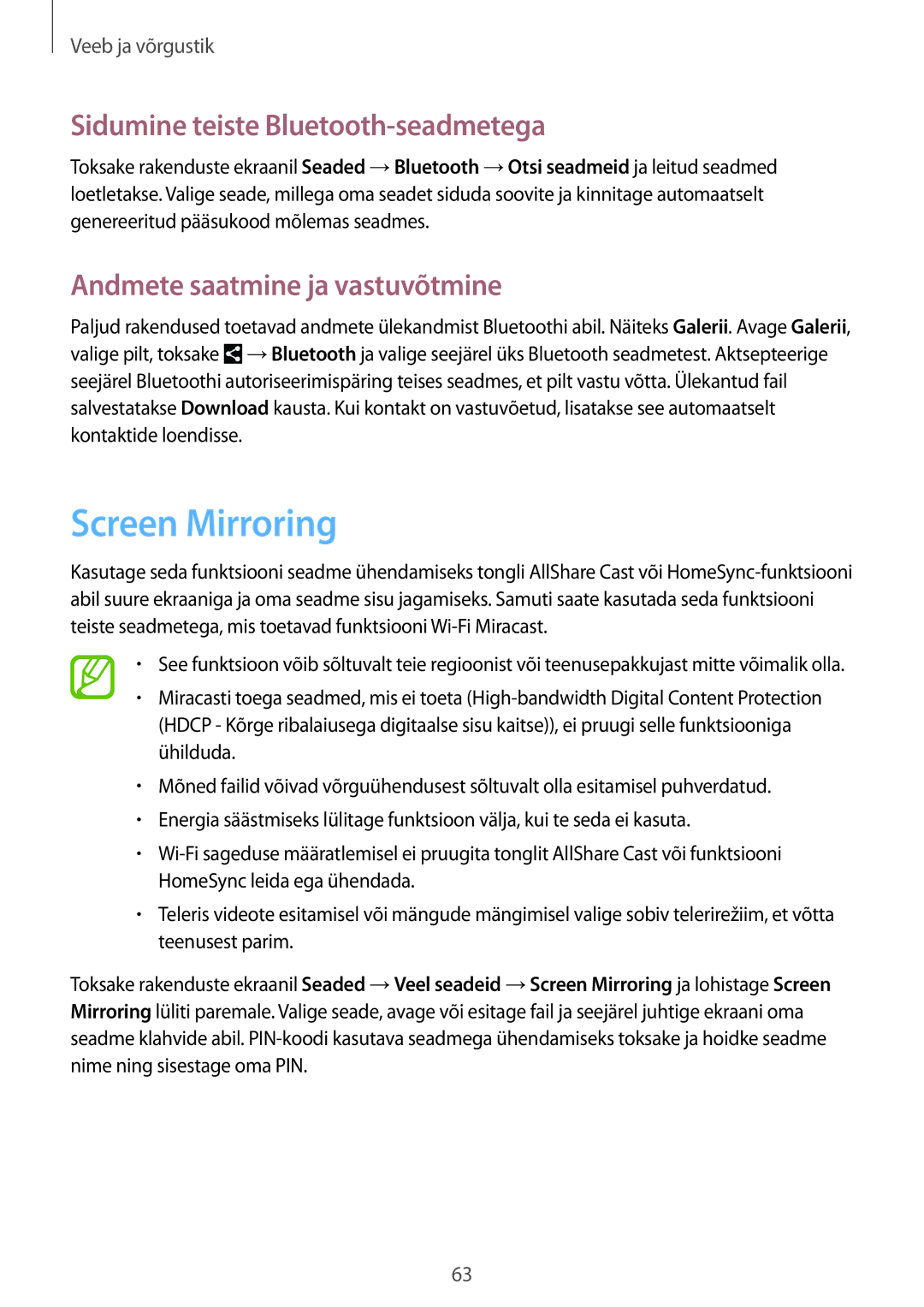 Samsung SM-T3150ZWASEB manual Screen Mirroring, Sidumine teiste Bluetooth-seadmetega, Andmete saatmine ja vastuvõtmine 