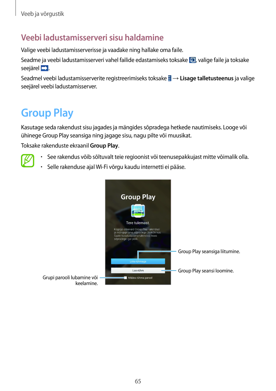 Samsung SM-T3150ZWASEB manual Group Play, Veebi ladustamisserveri sisu haldamine 
