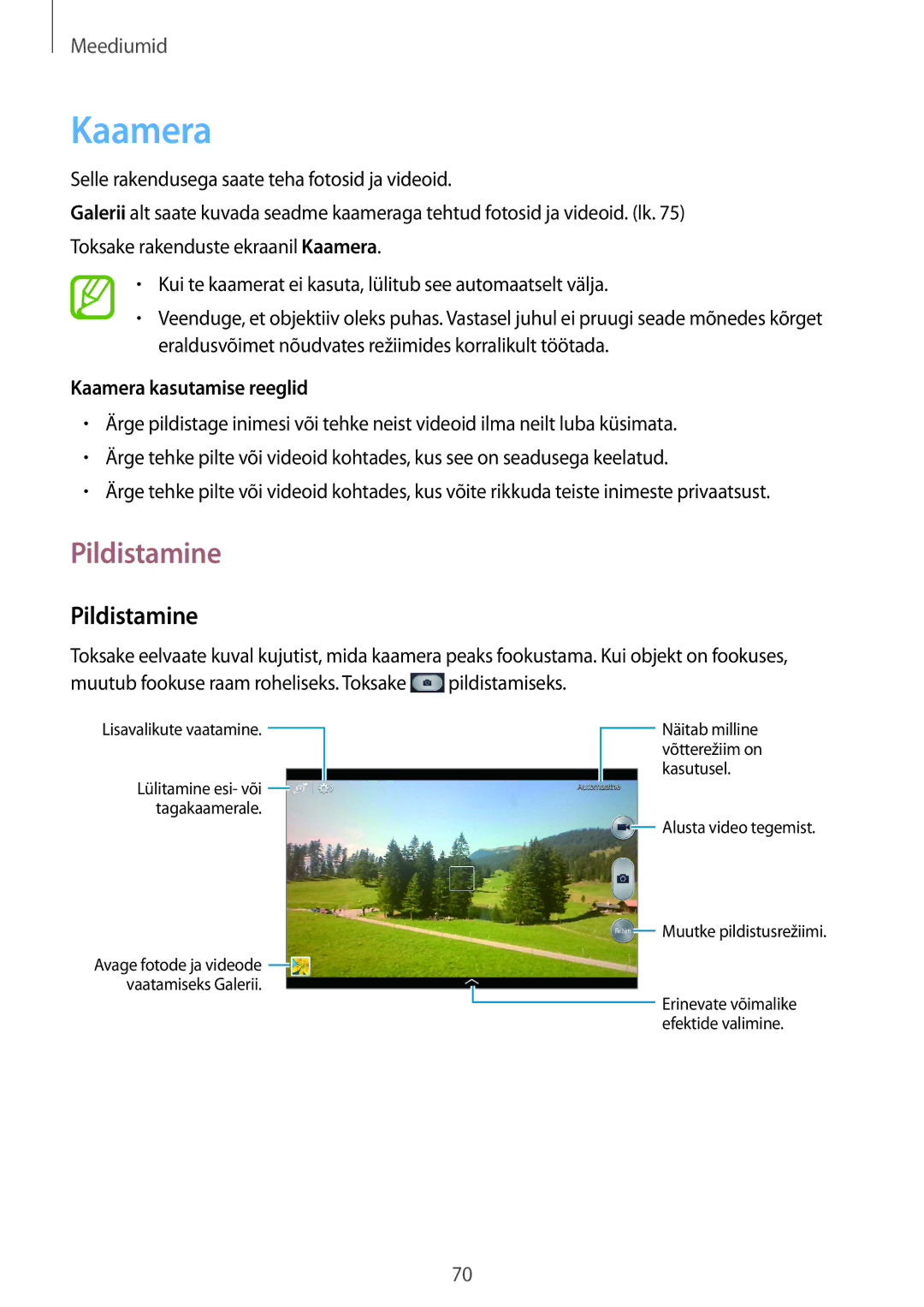 Samsung SM-T3150ZWASEB manual Pildistamine, Kaamera kasutamise reeglid 