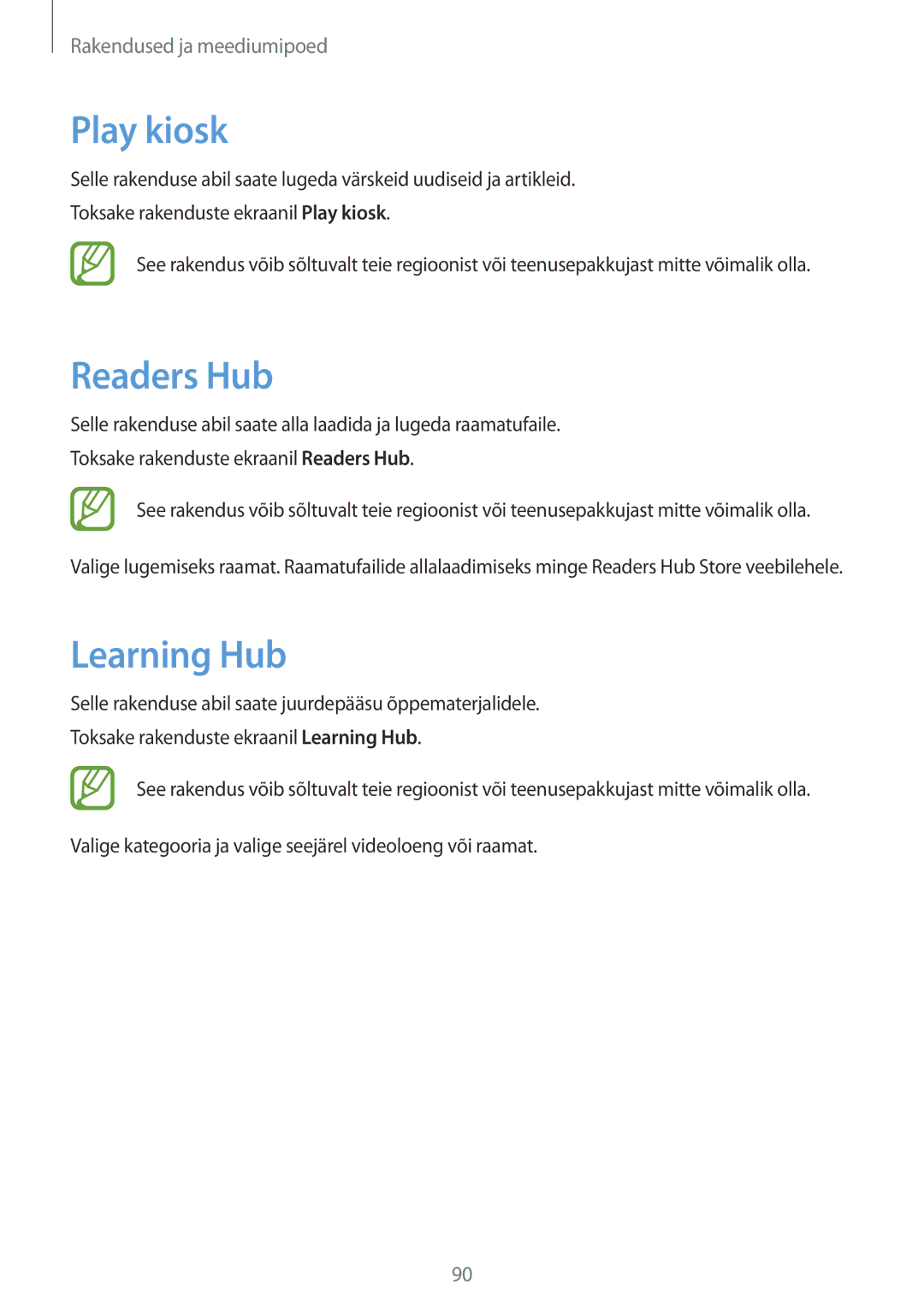 Samsung SM-T3150ZWASEB manual Play kiosk, Readers Hub, Learning Hub 