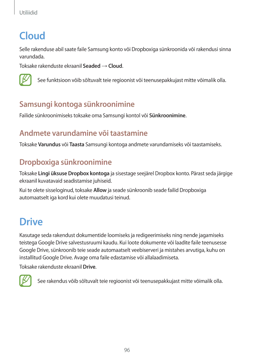 Samsung SM-T3150ZWASEB manual Cloud, Drive, Samsungi kontoga sünkroonimine, Andmete varundamine või taastamine 