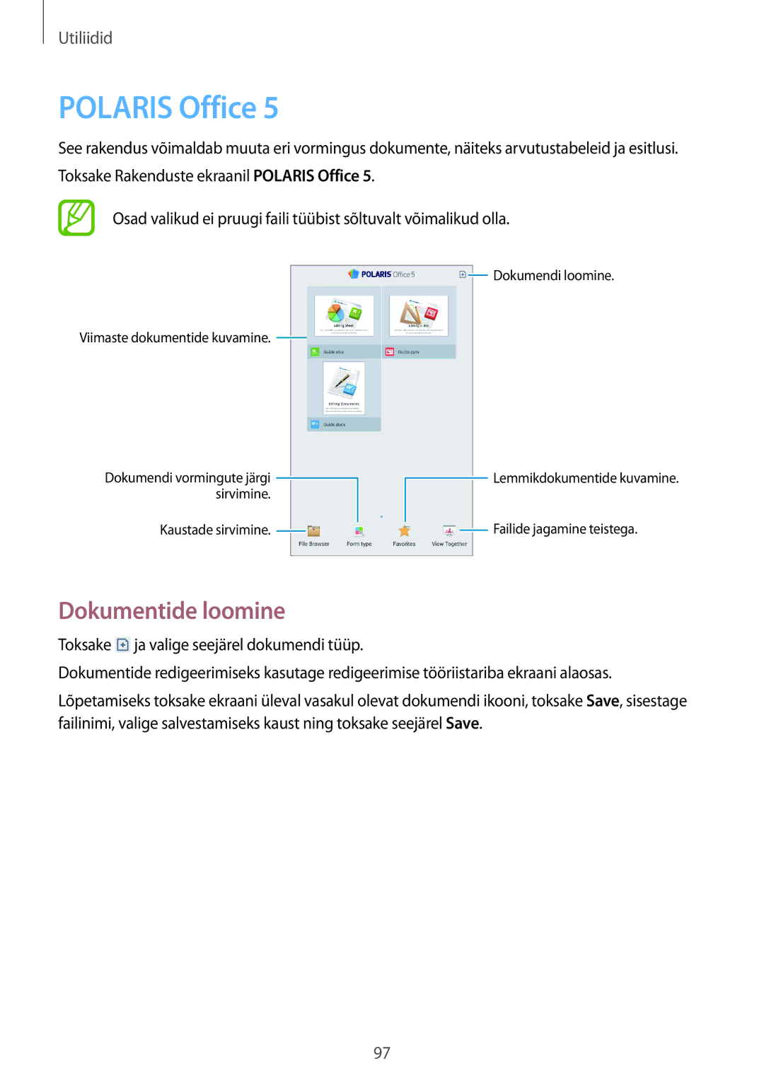 Samsung SM-T3150ZWASEB manual Polaris Office, Dokumentide loomine 