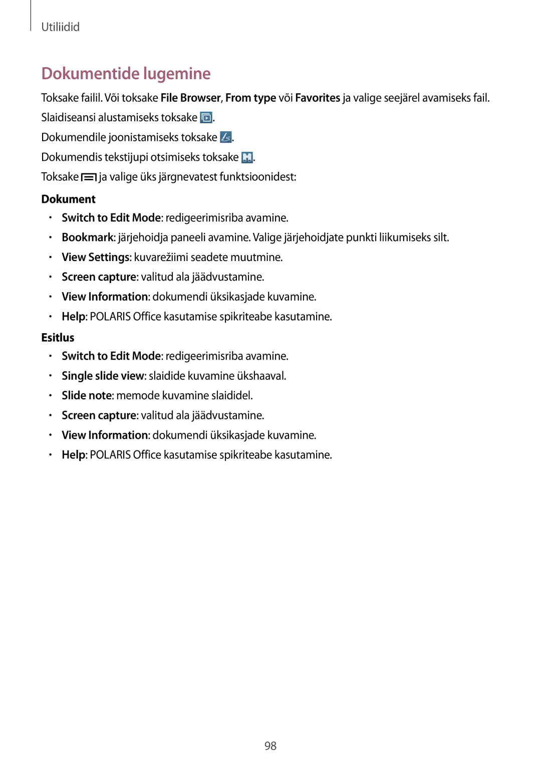 Samsung SM-T3150ZWASEB manual Dokumentide lugemine, Esitlus 