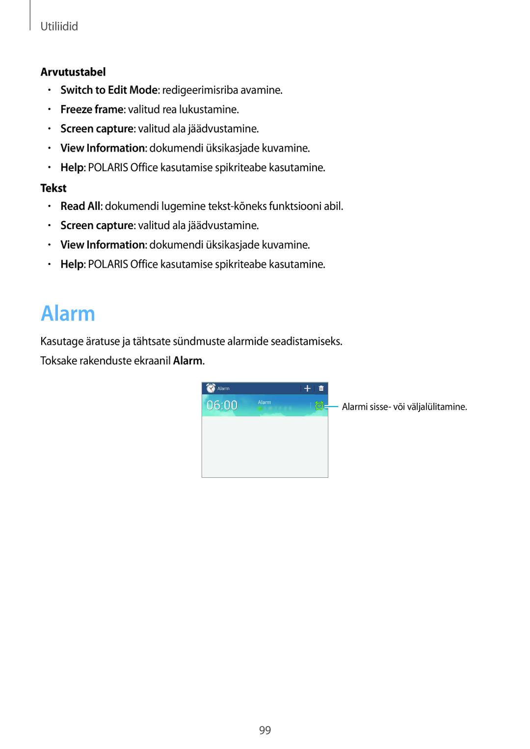 Samsung SM-T3150ZWASEB manual Alarm, Arvutustabel, Tekst 