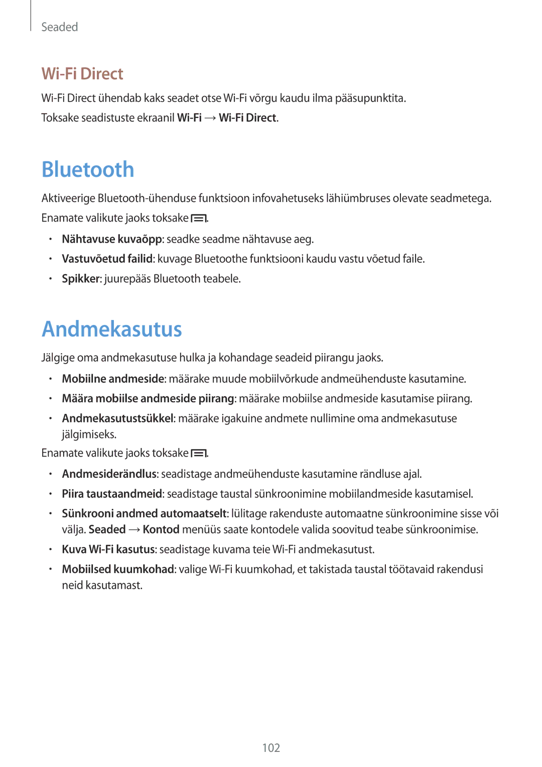 Samsung SM-T3150ZWASEB manual Andmekasutus, Wi-Fi Direct 