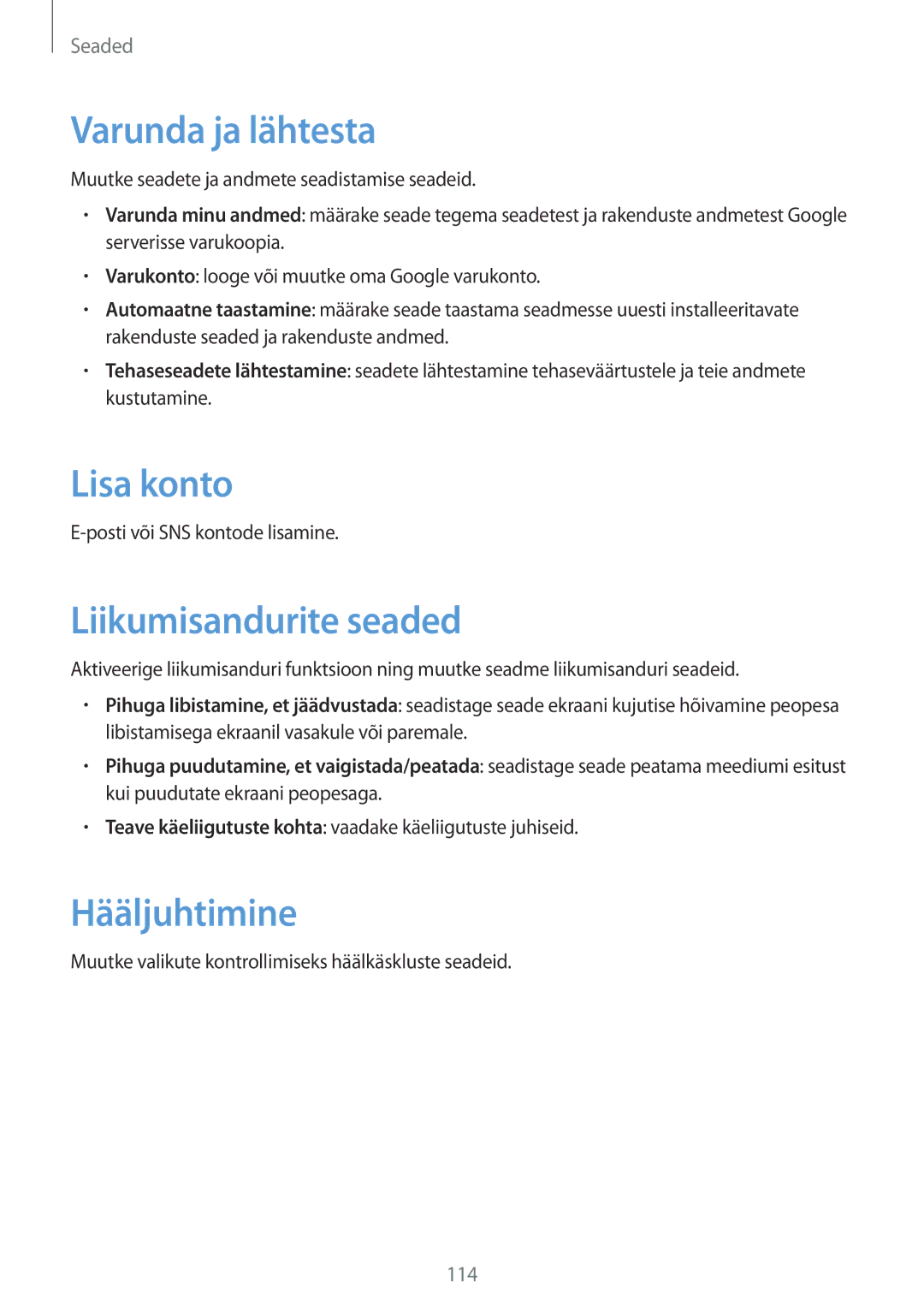 Samsung SM-T3150ZWASEB manual Varunda ja lähtesta, Lisa konto, Liikumisandurite seaded, Hääljuhtimine 