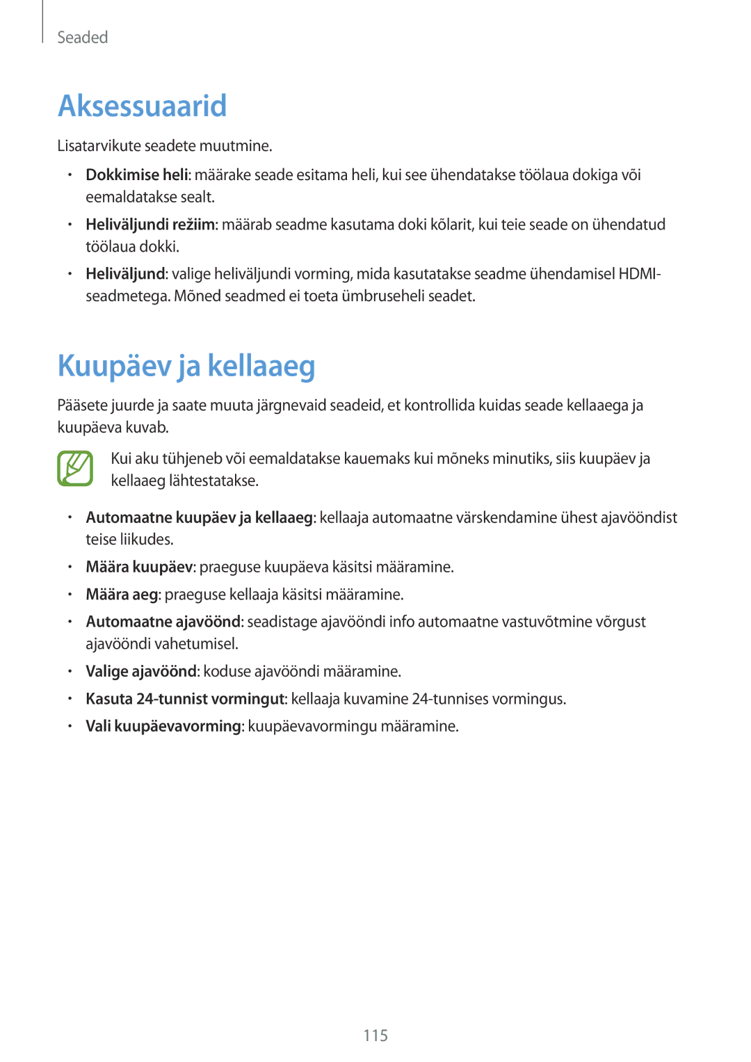 Samsung SM-T3150ZWASEB manual Aksessuaarid, Kuupäev ja kellaaeg 