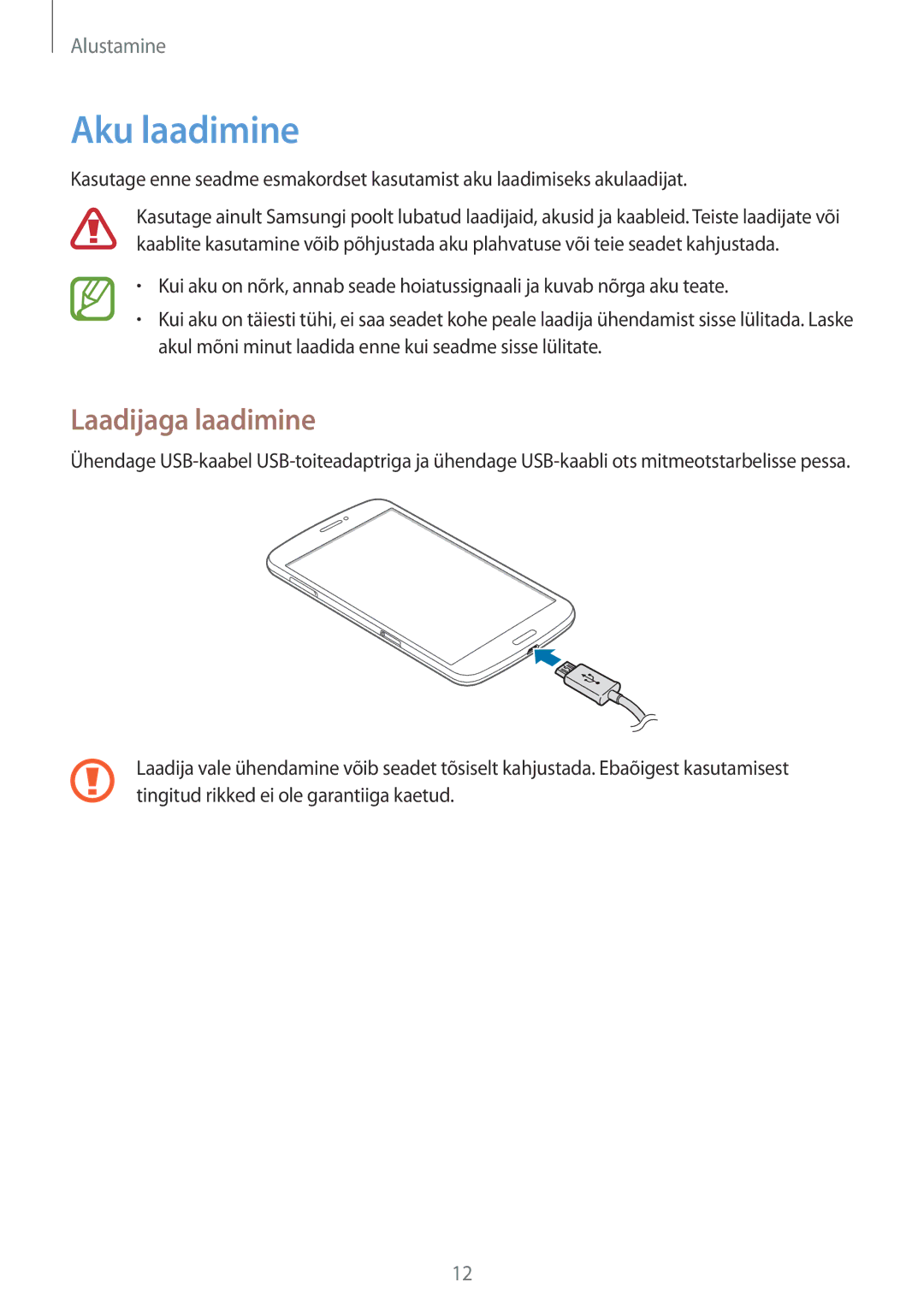 Samsung SM-T3150ZWASEB manual Aku laadimine, Laadijaga laadimine 