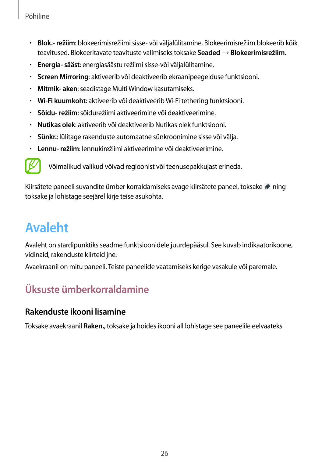 Samsung SM-T3150ZWASEB manual Avaleht, Üksuste ümberkorraldamine, Rakenduste ikooni lisamine 