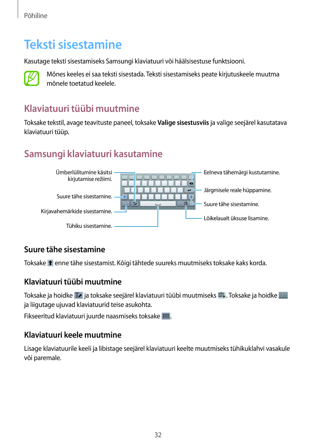 Samsung SM-T3150ZWASEB manual Teksti sisestamine, Klaviatuuri tüübi muutmine, Samsungi klaviatuuri kasutamine 