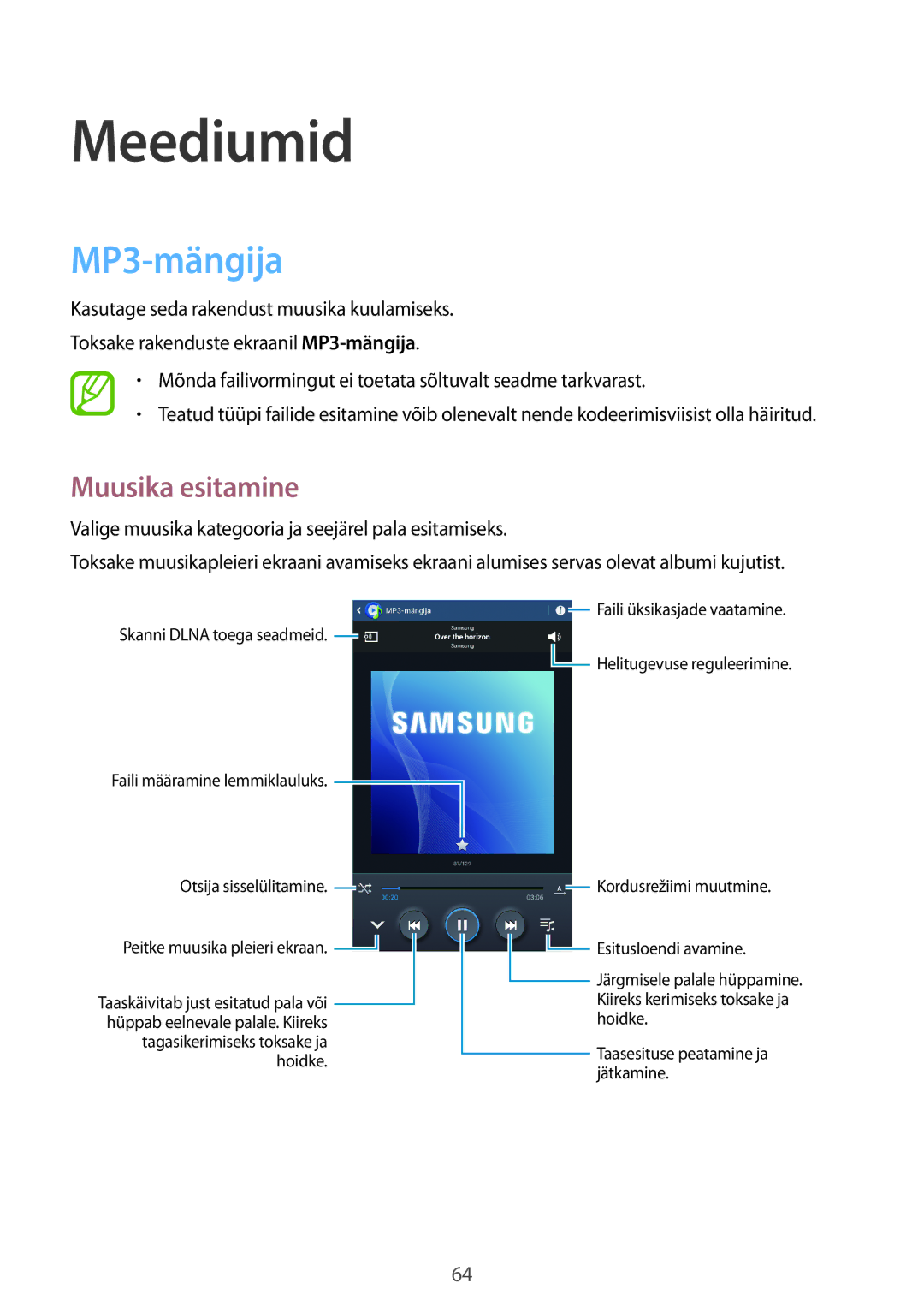 Samsung SM-T3150ZWASEB manual Meediumid, MP3-mängija, Muusika esitamine 