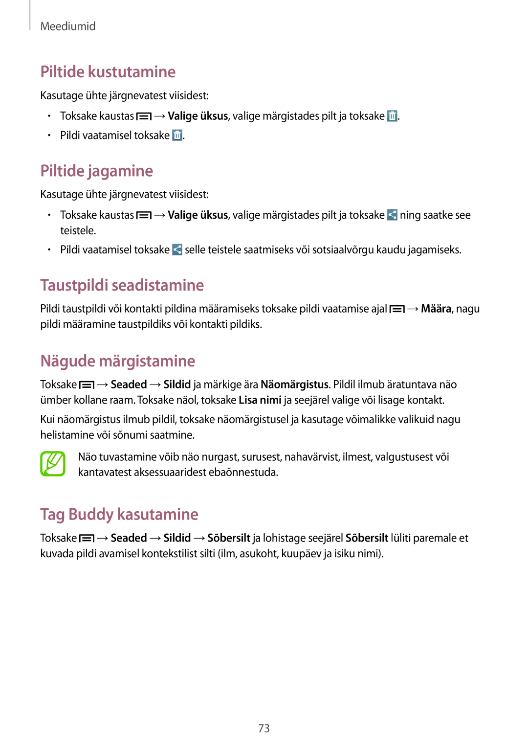 Samsung SM-T3150ZWASEB manual Piltide kustutamine, Piltide jagamine, Nägude märgistamine, Tag Buddy kasutamine 