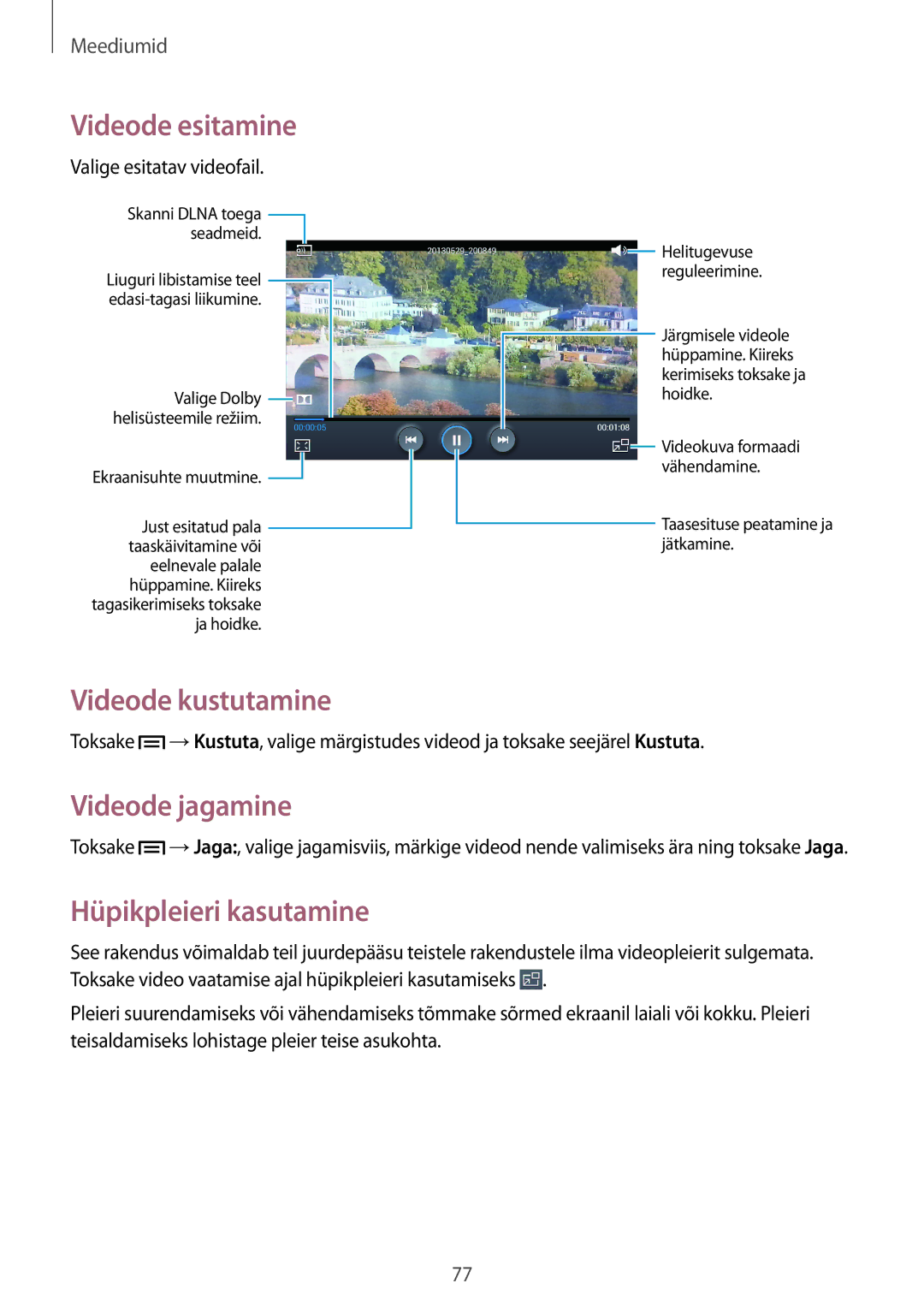 Samsung SM-T3150ZWASEB manual Videode kustutamine, Videode jagamine, Hüpikpleieri kasutamine 