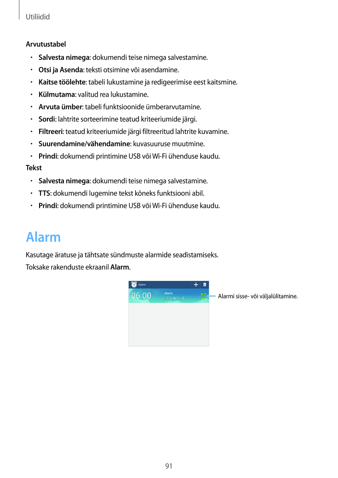 Samsung SM-T3150ZWASEB manual Alarm, Arvutustabel, Tekst 