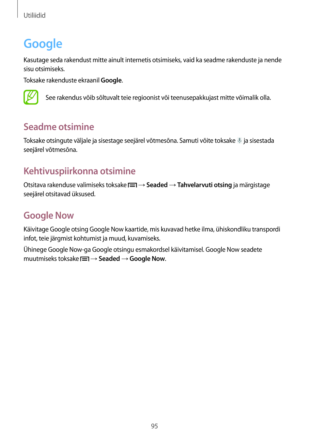 Samsung SM-T3150ZWASEB manual Seadme otsimine, Kehtivuspiirkonna otsimine, Google Now 