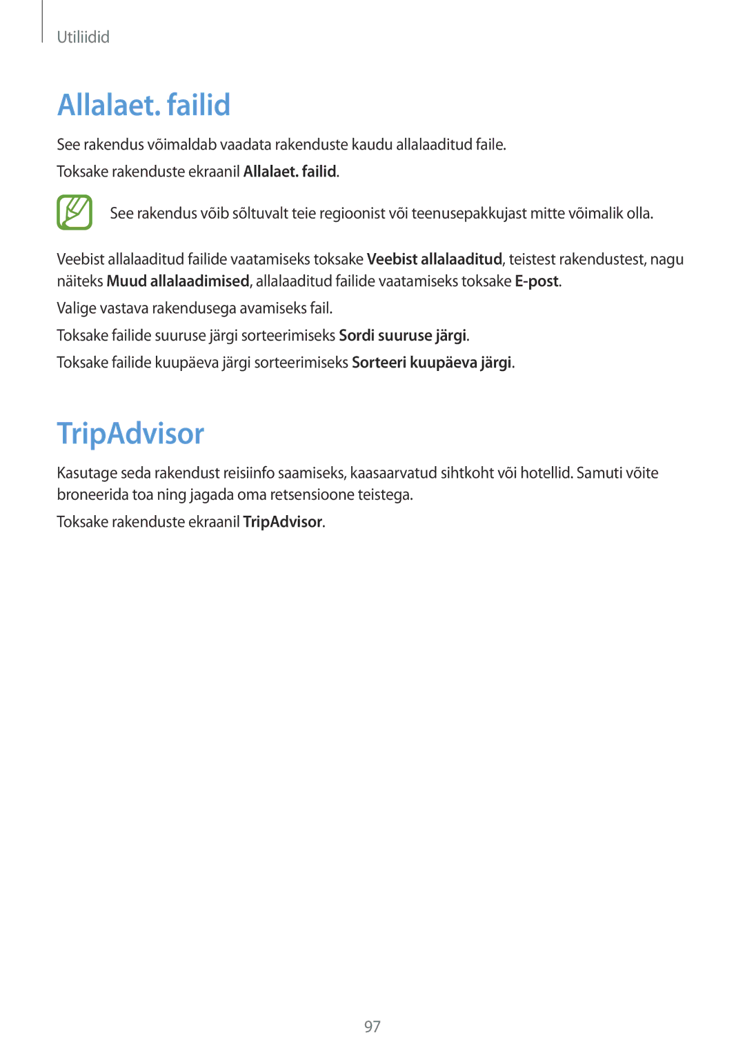 Samsung SM-T3150ZWASEB manual Allalaet. failid, TripAdvisor 