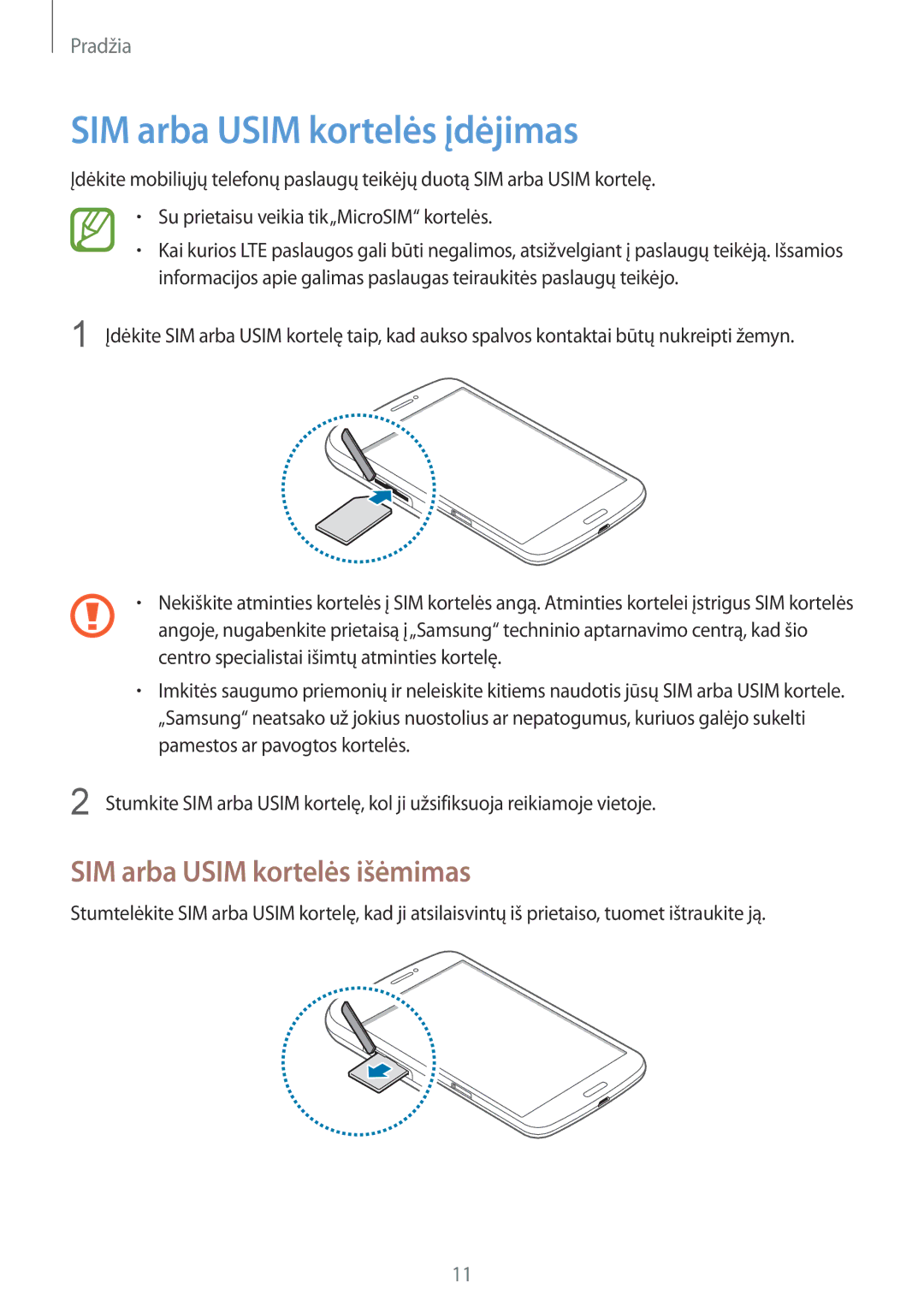 Samsung SM-T3150ZWASEB manual SIM arba Usim kortelės įdėjimas, SIM arba Usim kortelės išėmimas 