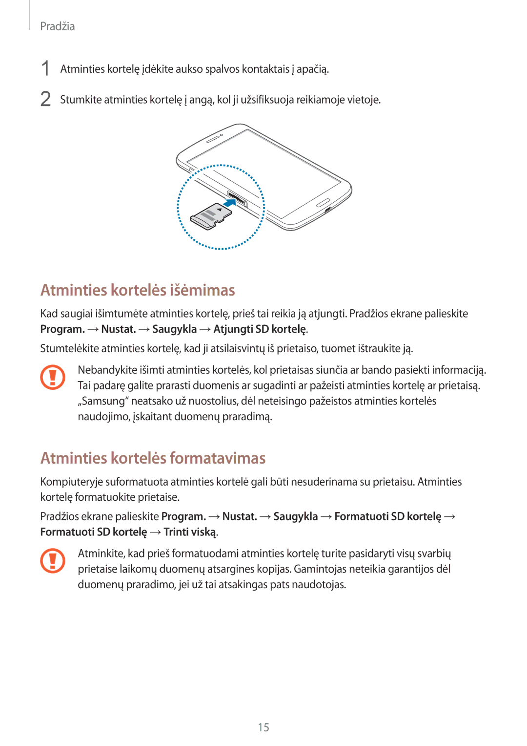 Samsung SM-T3150ZWASEB manual Atminties kortelės išėmimas, Atminties kortelės formatavimas 