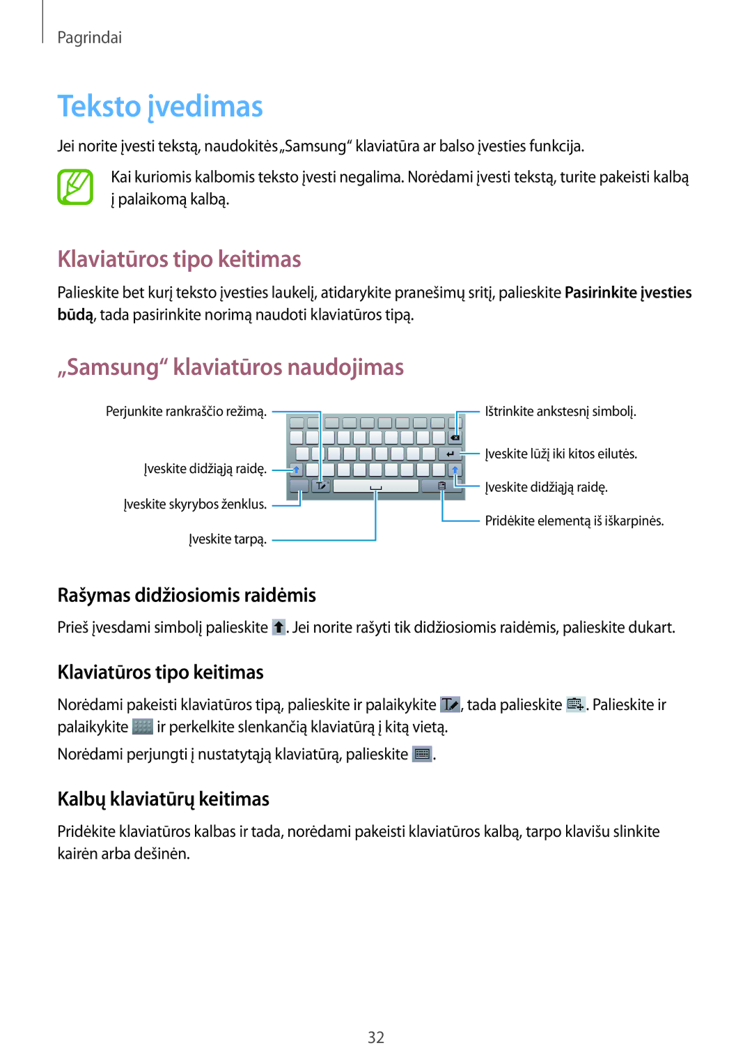 Samsung SM-T3150ZWASEB manual Teksto įvedimas, Klaviatūros tipo keitimas, „Samsung klaviatūros naudojimas 