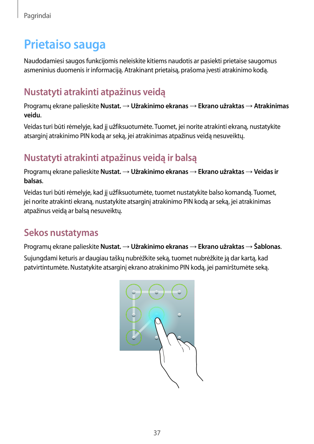 Samsung SM-T3150ZWASEB manual Prietaiso sauga, Nustatyti atrakinti atpažinus veidą ir balsą, Sekos nustatymas 