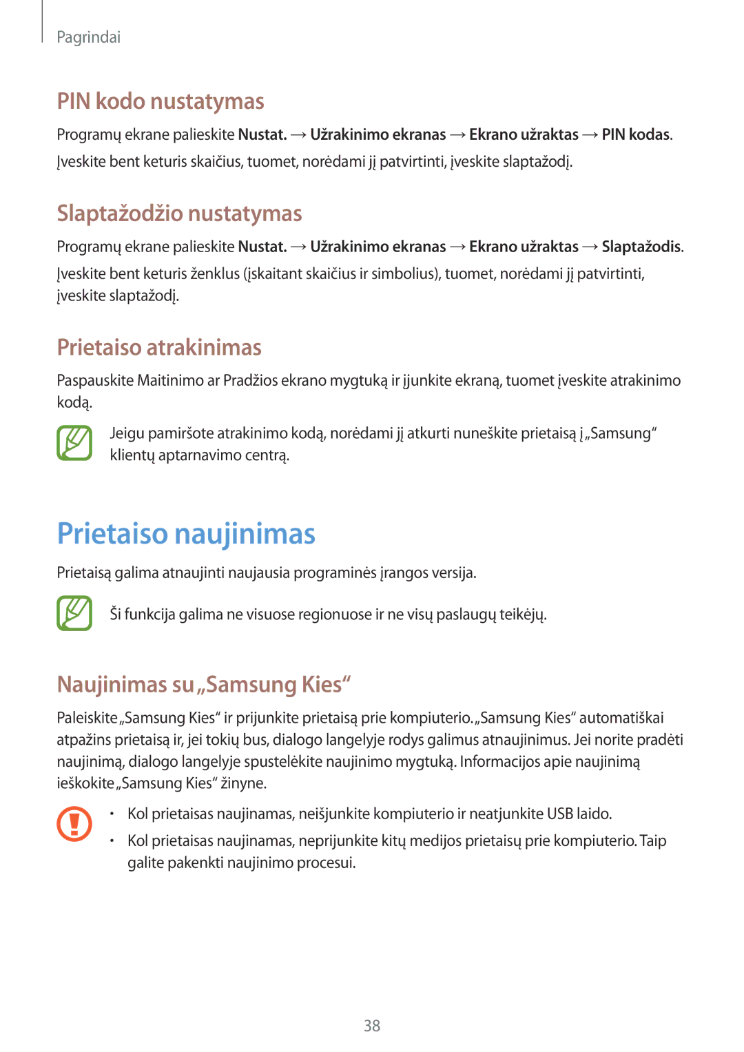 Samsung SM-T3150ZWASEB manual Prietaiso naujinimas, PIN kodo nustatymas, Slaptažodžio nustatymas, Prietaiso atrakinimas 