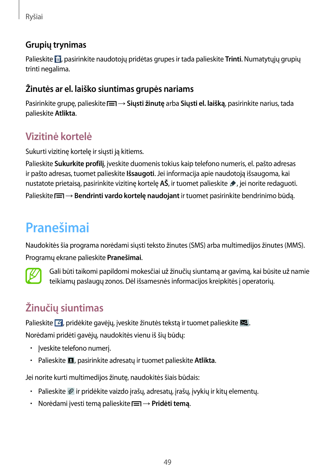 Samsung SM-T3150ZWASEB manual Pranešimai, Vizitinė kortelė, Žinučių siuntimas, Grupių trynimas 