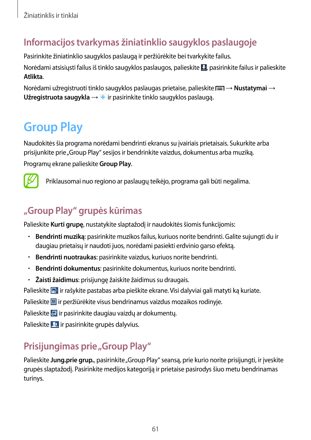 Samsung SM-T3150ZWASEB manual Informacijos tvarkymas žiniatinklio saugyklos paslaugoje, „Group Play grupės kūrimas 