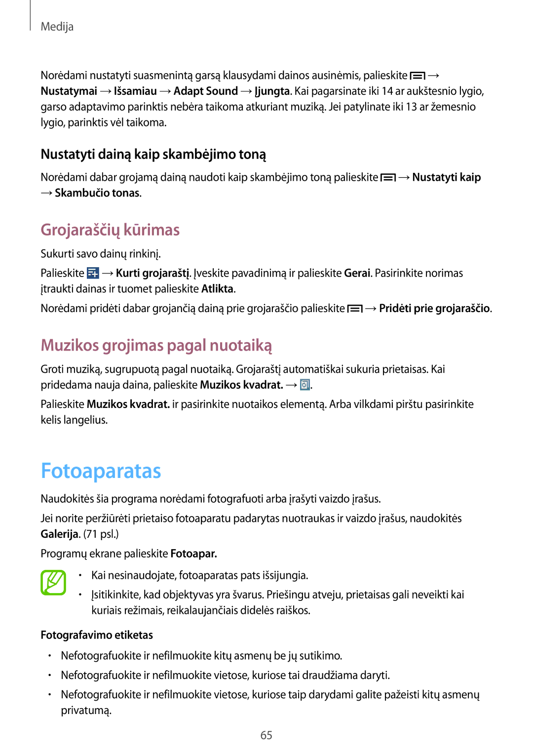 Samsung SM-T3150ZWASEB manual Fotoaparatas, Grojaraščių kūrimas, Muzikos grojimas pagal nuotaiką 