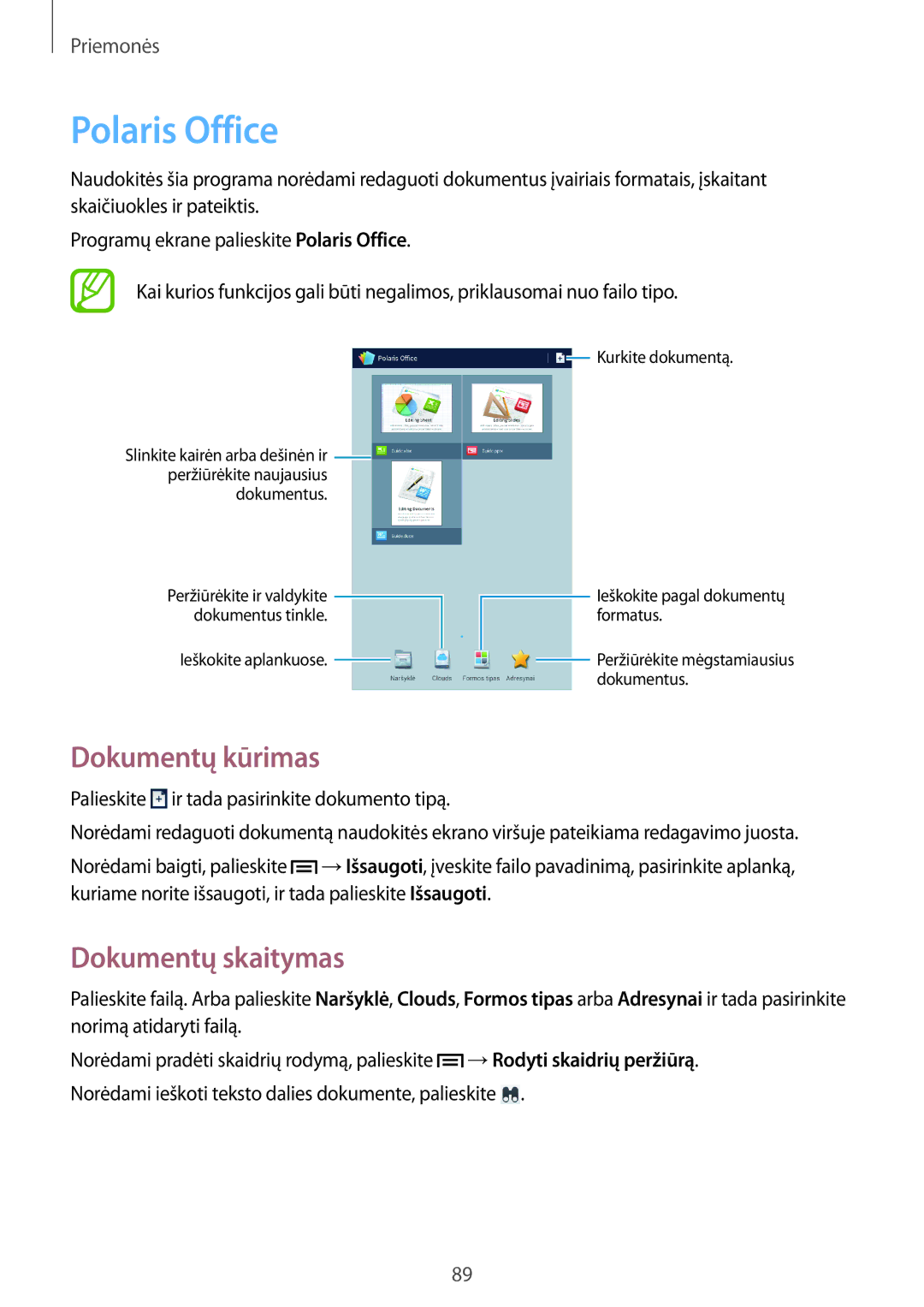 Samsung SM-T3150ZWASEB manual Polaris Office, Dokumentų kūrimas, Dokumentų skaitymas 